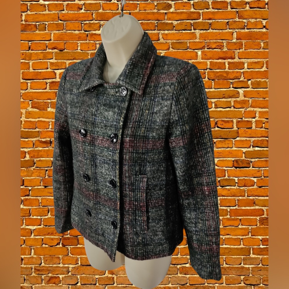 ZARA BASIC SMALL DOUBLE BREASTED PLAID WOOL COAT JACKET